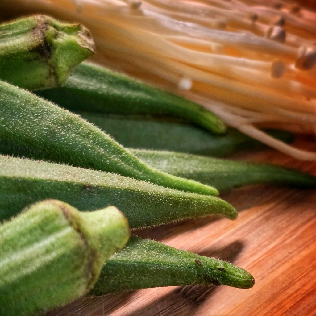 Okra with enoki and bonito flakes