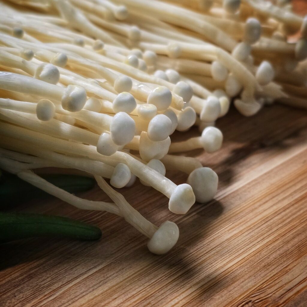 Okra with enoki and bonito flakes