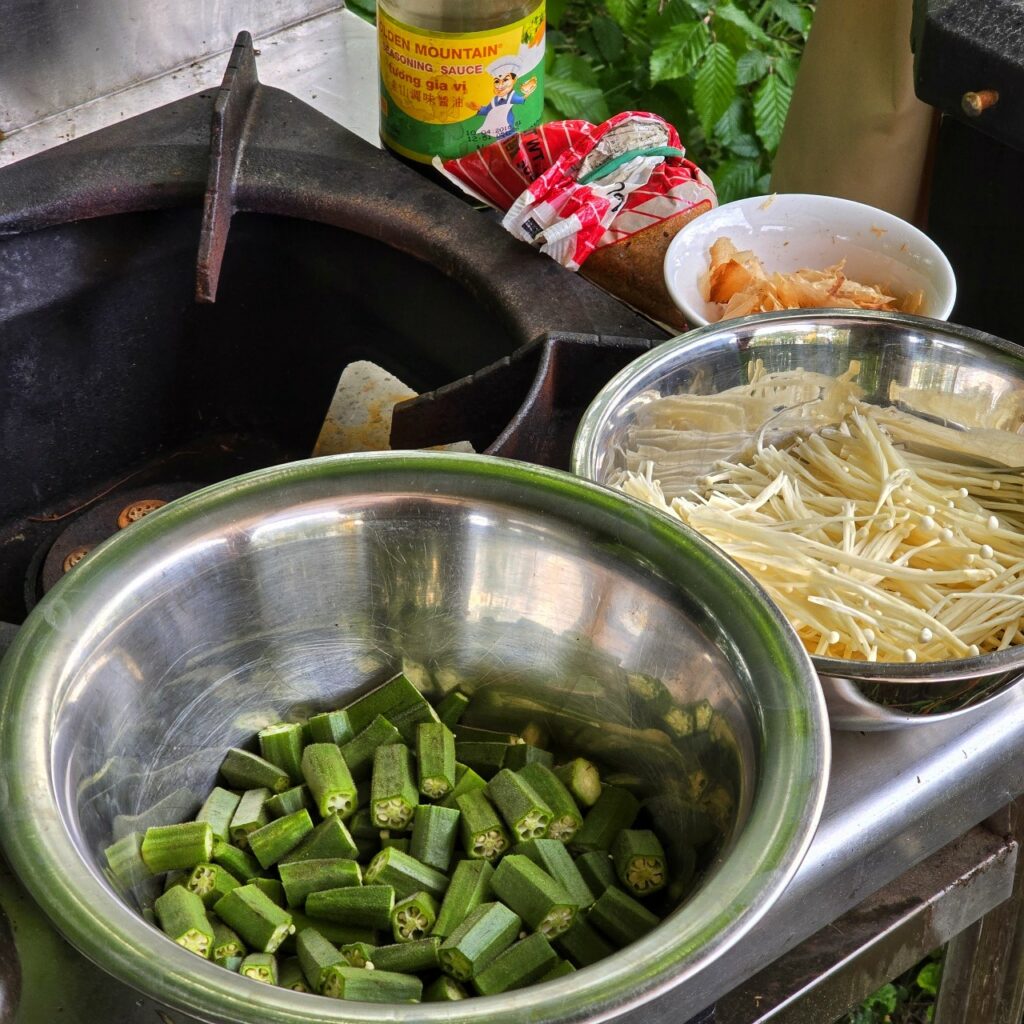 Okra with enoki and bonito flakes