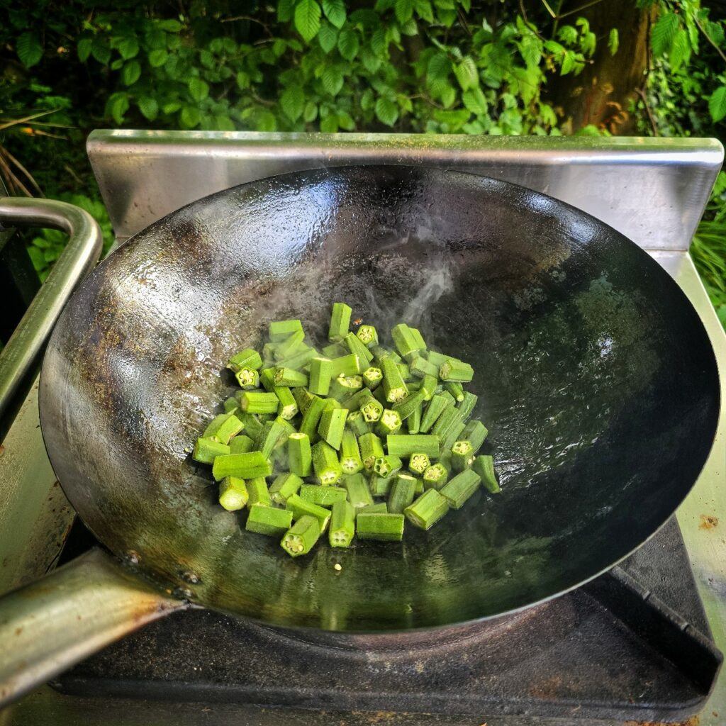 Okra with enoki and bonito flakes