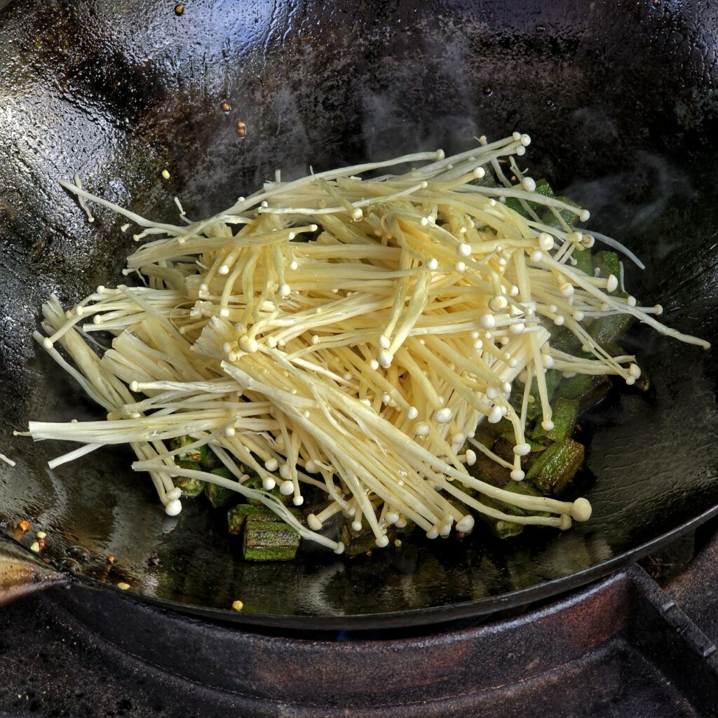 Okra with enoki and bonito flakes