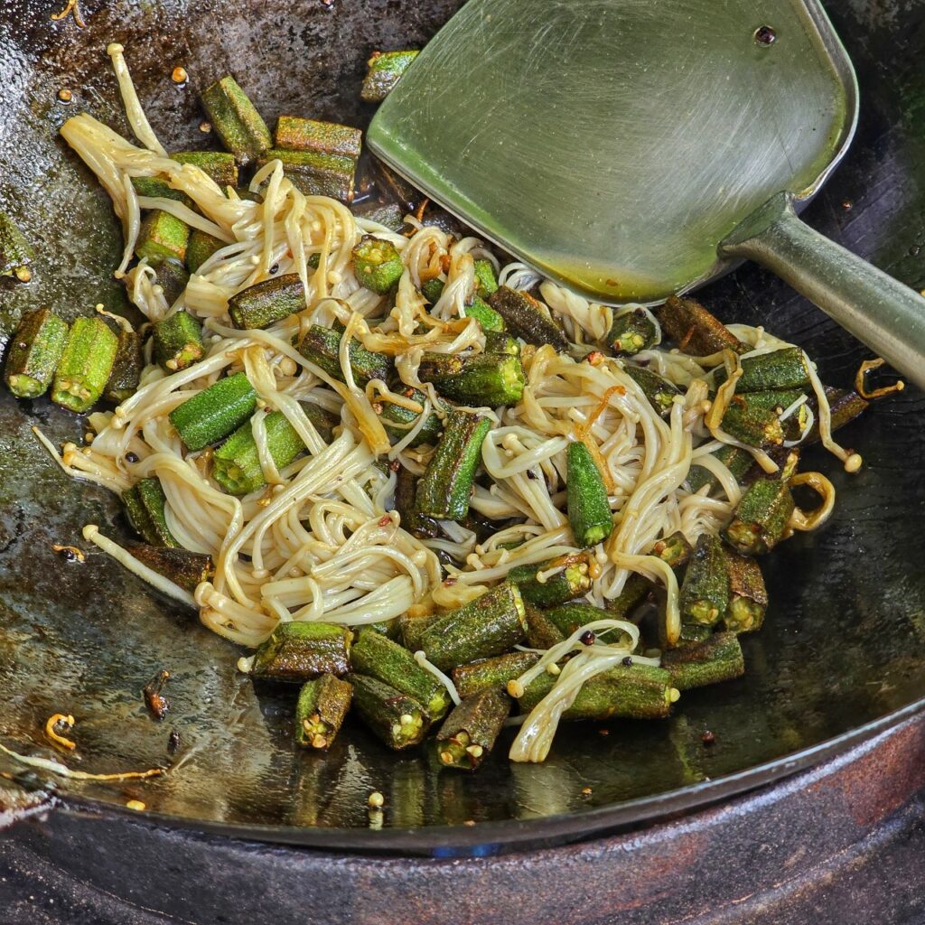 Okra with enoki and bonito flakes