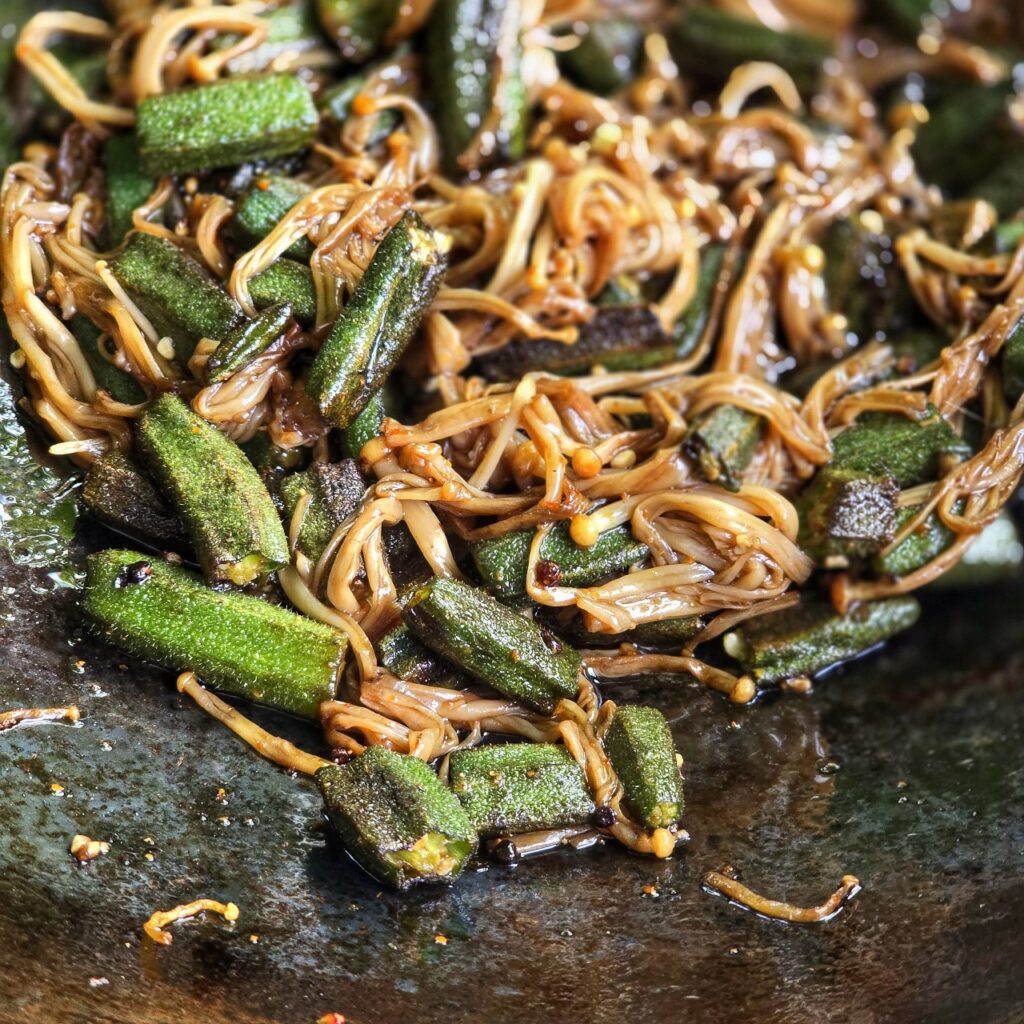 Okra with enoki and bonito flakes