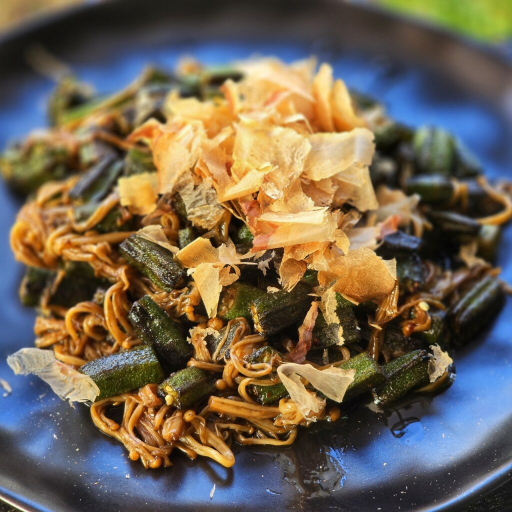 Okra with enoki and bonito flakes