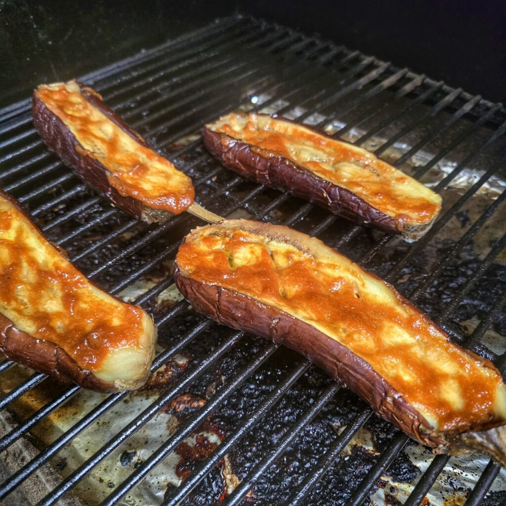 Miso eggplants with roast beef and teriyaki garlic glaze