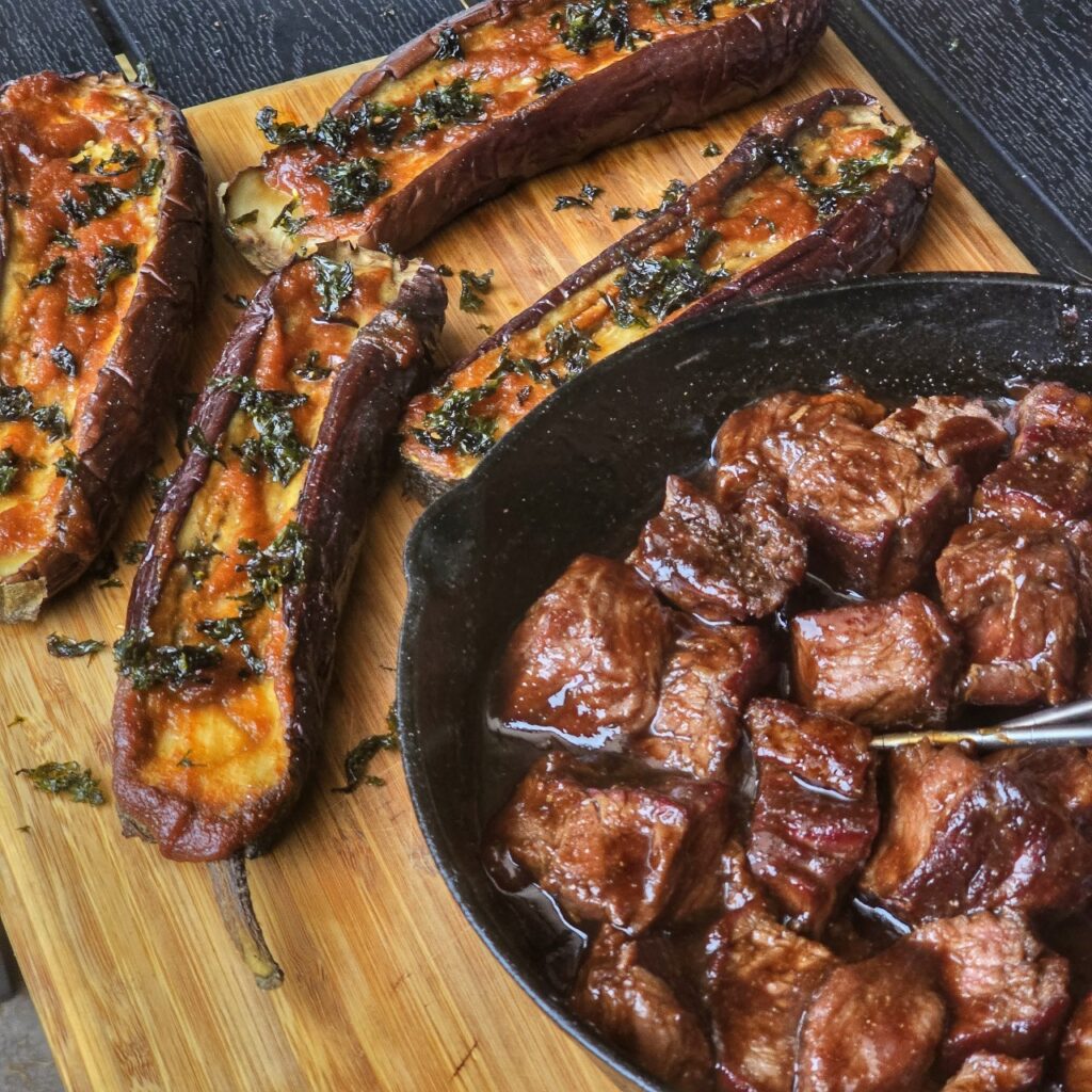 Miso eggplants with roast beef and teriyaki garlic glaze