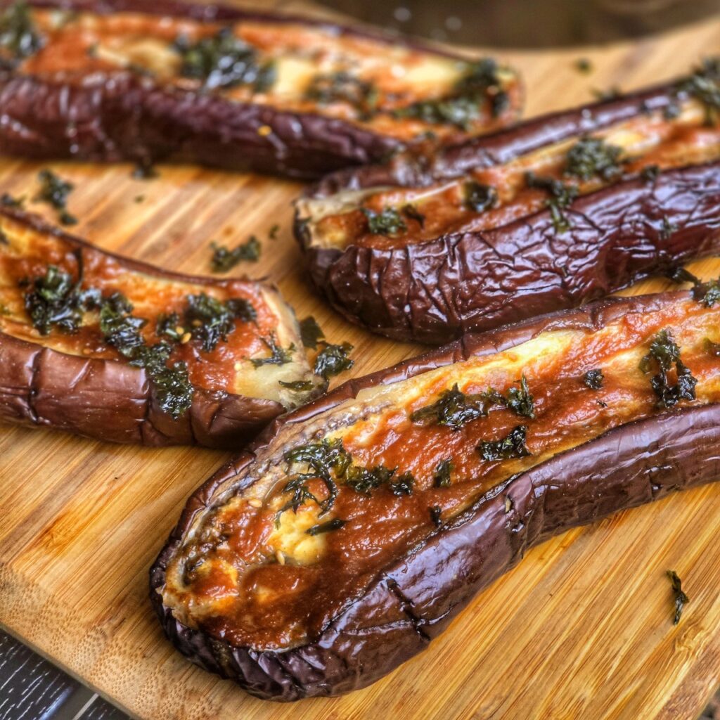 Miso eggplants with roast beef and teriyaki garlic glaze